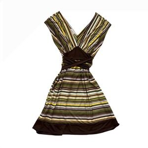 VTG brown green striped wrap deep v neck mini dress boho fall